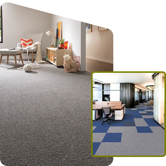 Soft grey carpet in cozy living room; blue-grey tile carpet in modern office setting.