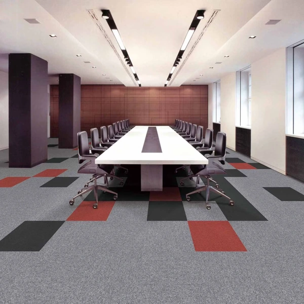 carpet tiles featuring a geometric checkerboard pattern in a modern office.