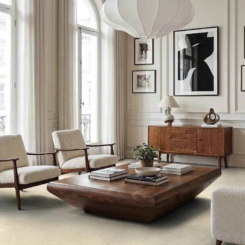 low-pile indoor carpet under mid-century modern furniture in a naturally lit room.